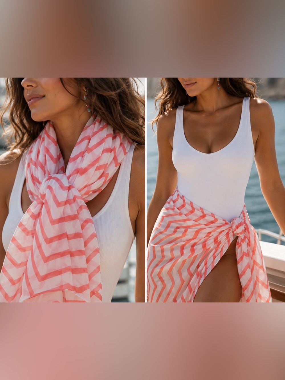 Handmade Women's Chevron Wrap Scarf Sarong Cover Up Coral & White 110”L X 28”W